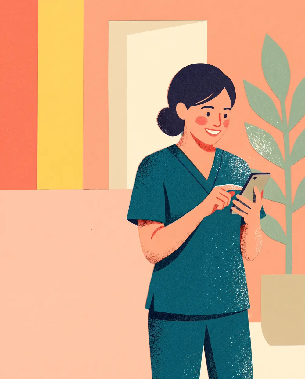 Une praticienne lit une fiche sur son téléphone.