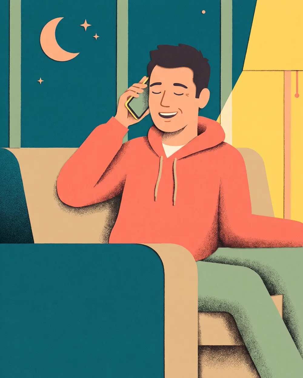 Le soir, un homme téléphone depuis son canapé.